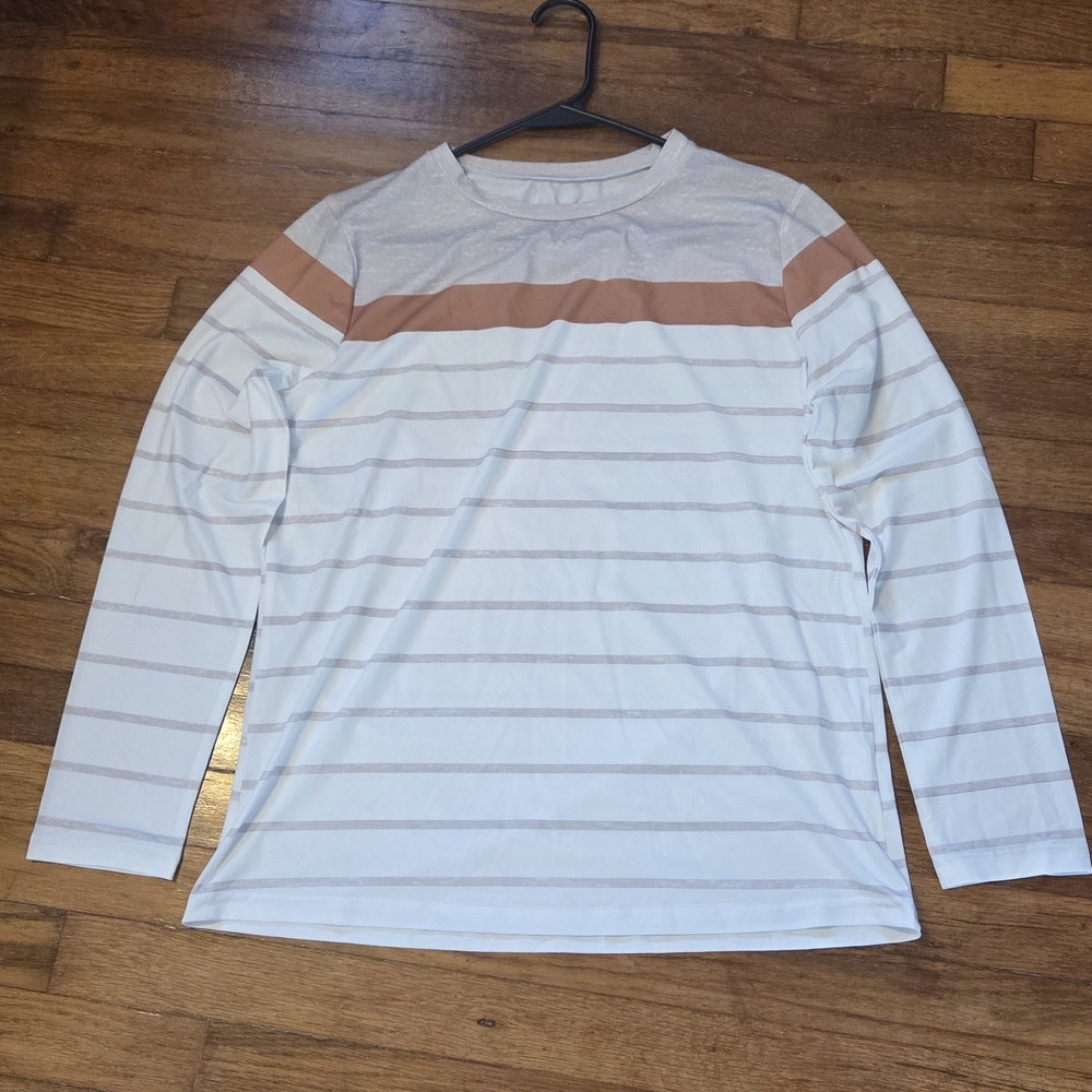Woman's White and Brown Striped Long Sleeve Shirt